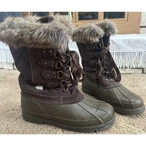 Women’s Boots Rain Winter Snow Mid-Calf Green Duck Boot Faux Fur Lace Up Size 9